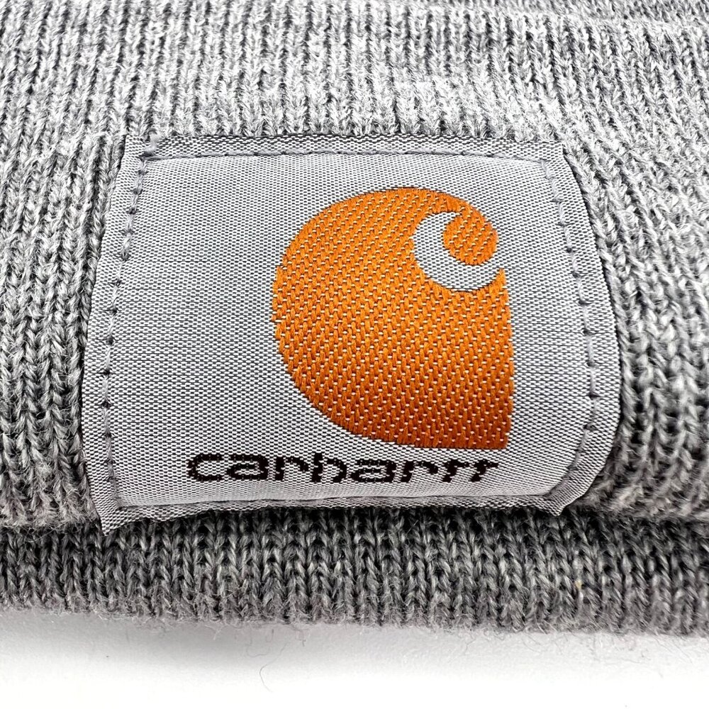 Carhartt Mens Gray Acrylic Knit Cuffed Beanie Hat Ski Cap Logo Patch - Picture 3 of 9